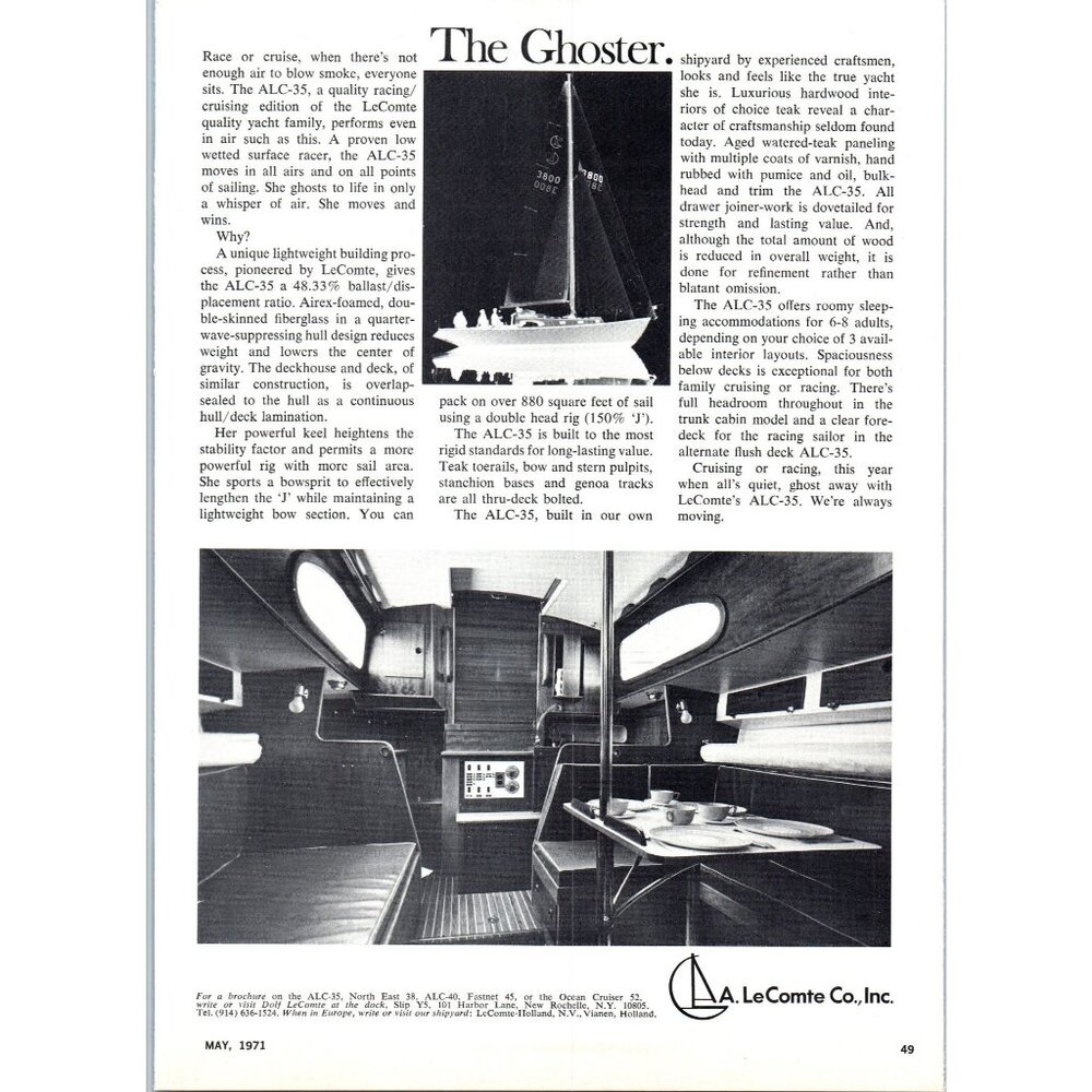 1971 LeComte ALC-35 Sailing Yacht Vintage Print Ad Teak Woodwork Cabin Wall Art